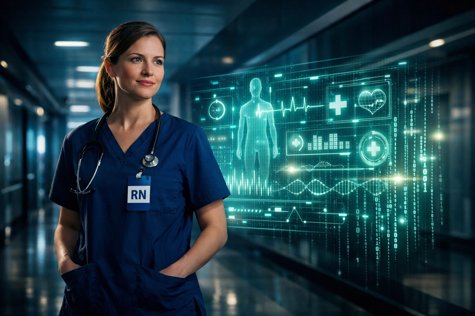 Registered nurse with digital data interface representing ATS-friendly healthcare resume optimization.