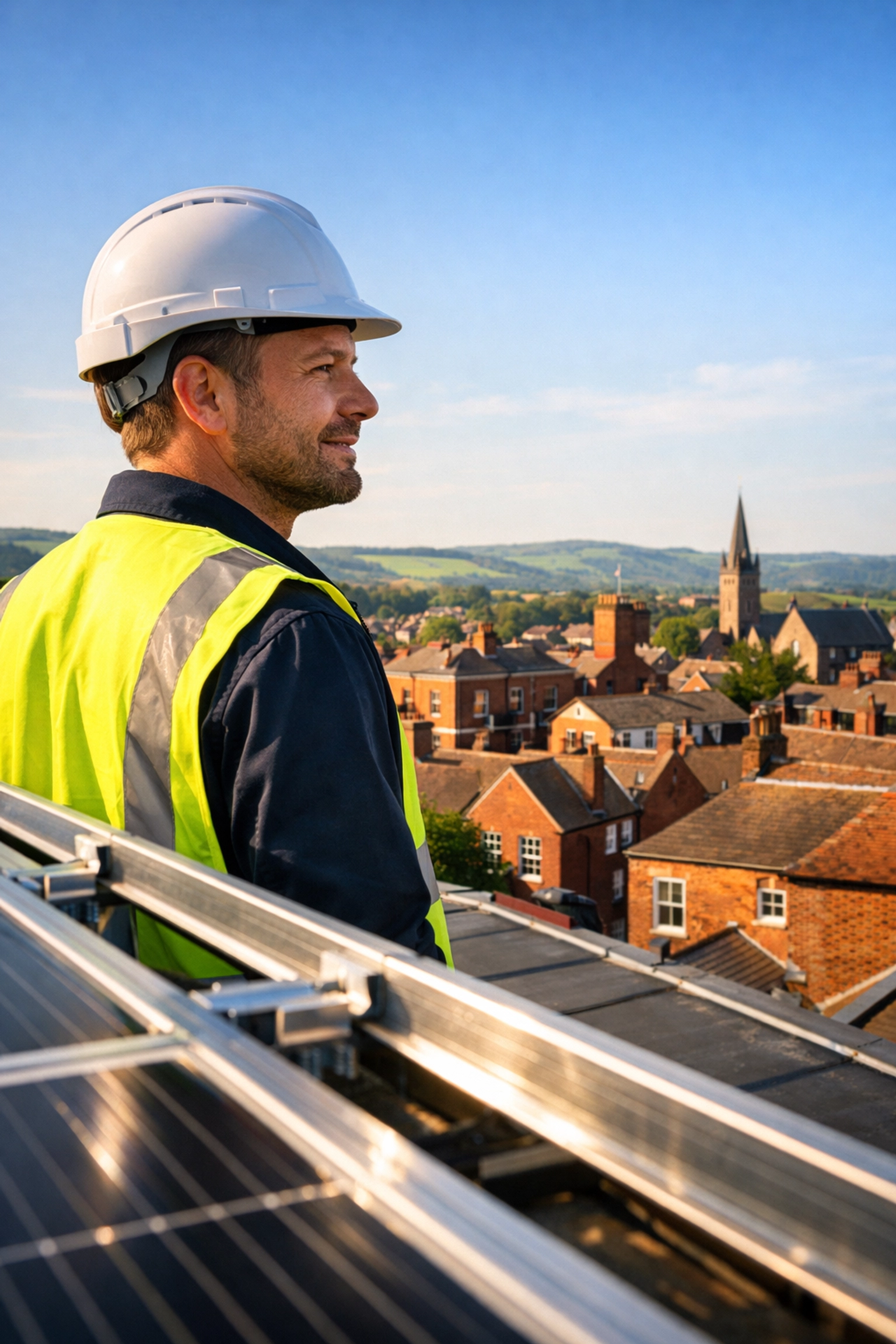 Solar panel installation technician overlooking a UK town after a commercial energy project.