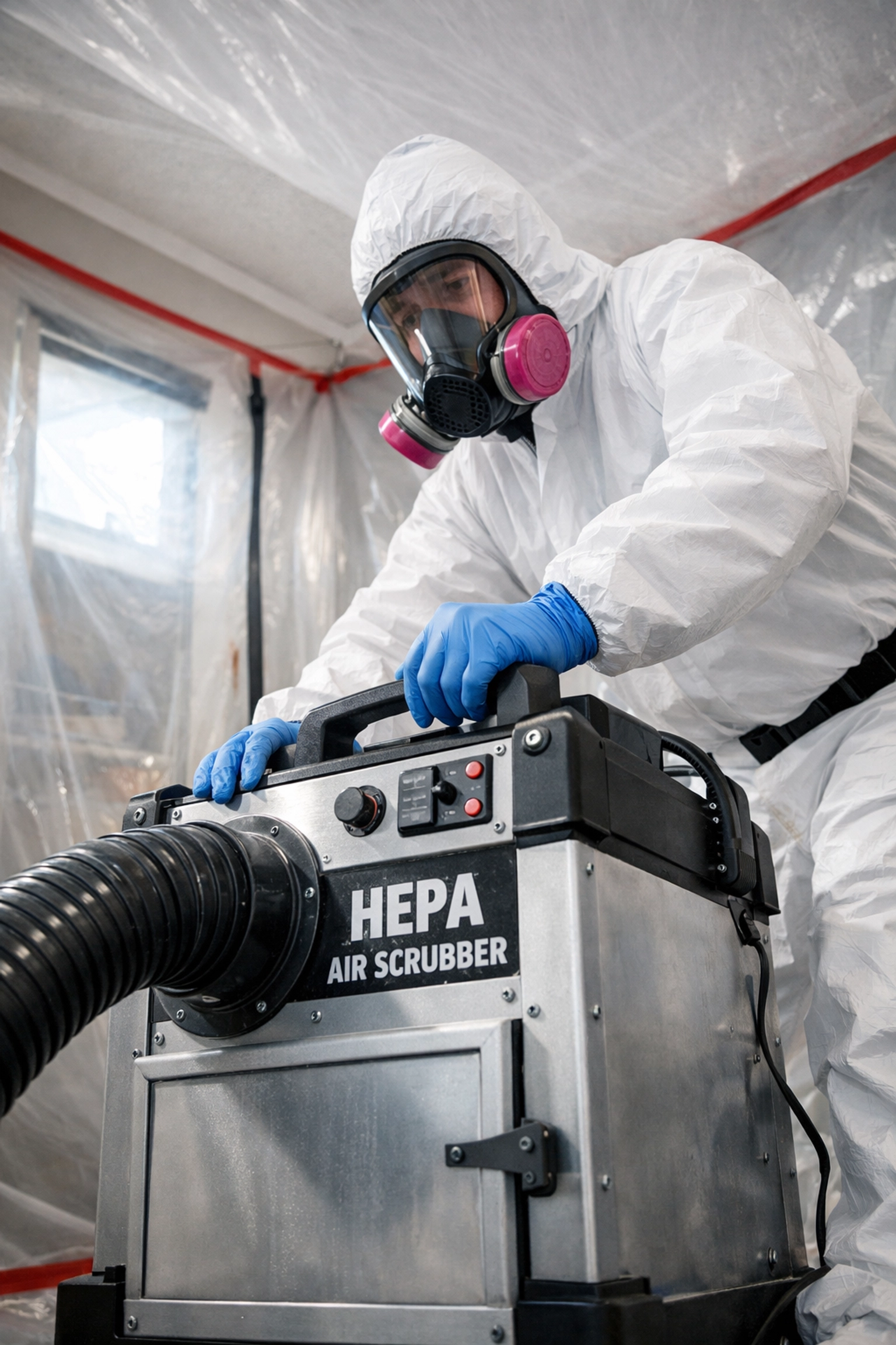 Professional mold remediation technician using HEPA filtration in Berks County home