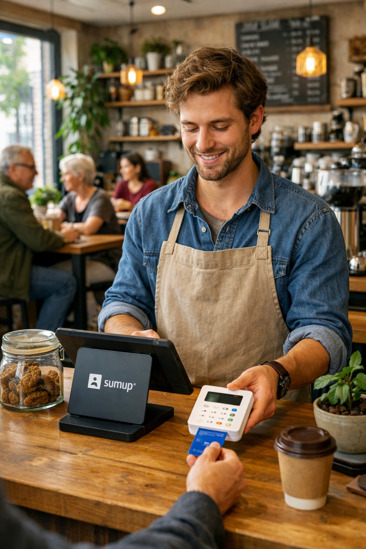 SumUp POS system with card reader on coffee shop counter serving customer