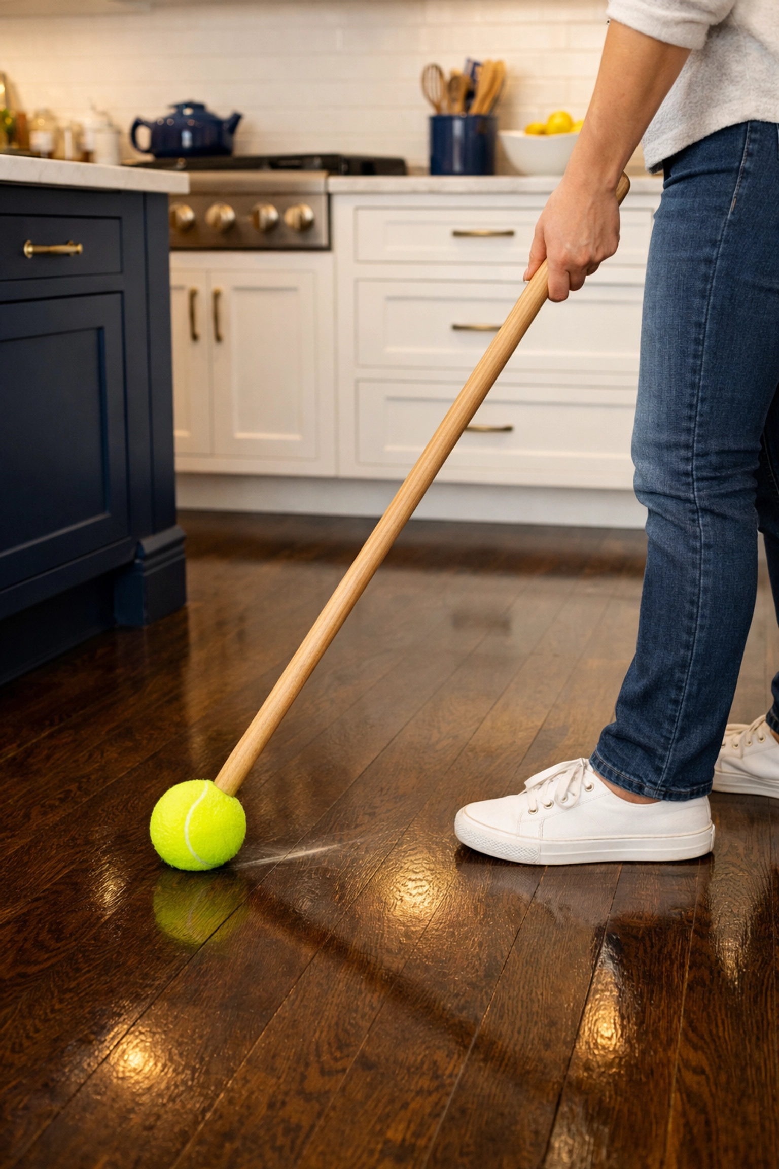Removing scuffs from hardwood floors using a tennis ball during a bi weekly house cleaning routine.