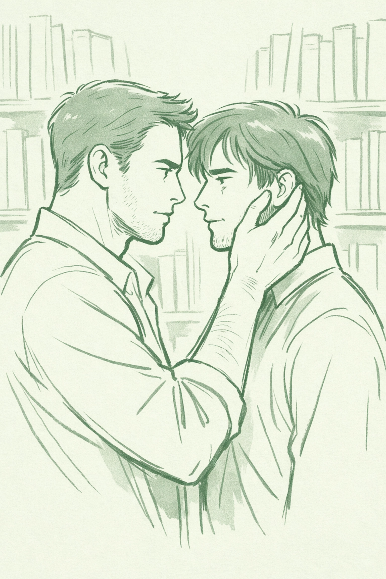 Two men sharing tender moment illustrating possessive devotion in literary gay fiction