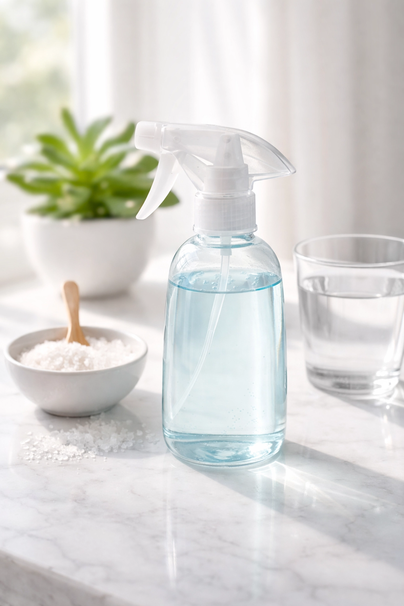 Natural HOCl disinfectant spray bottle with salt and water ingredients on a clean countertop