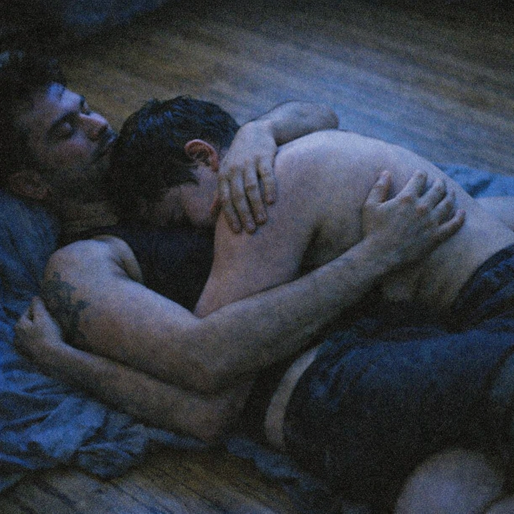 A queer couple experiencing emotional release and somatic afterglow during aftercare in a dimly lit room.