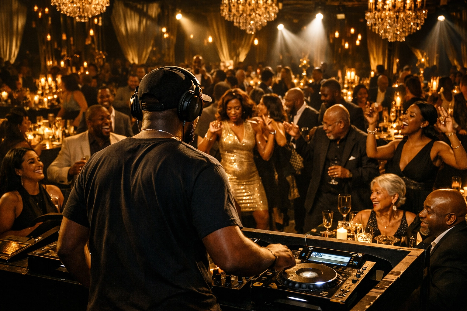 Experienced party DJ near me reading the room and keeping the dance floor packed for guests.