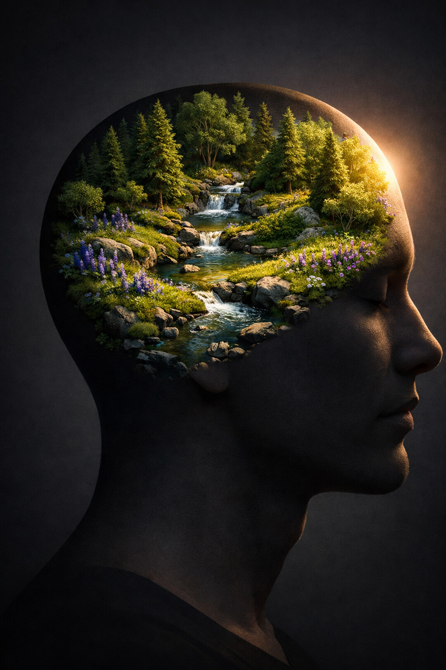 A silhouette of a human head with a lush forest brain, representing the mental health benefits of nature immersion.