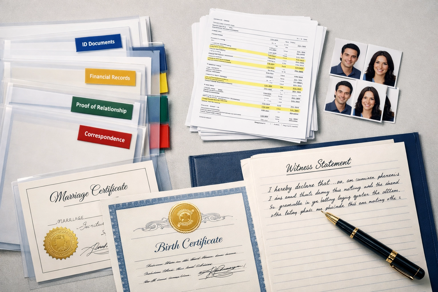 Organized evidence bundle with documents and certificates for UK visa appeal application