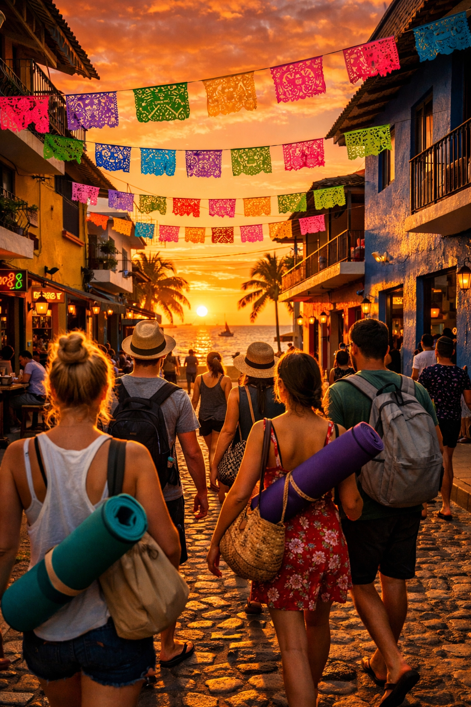 Digital nomads walking through colorful Zona Romántica streets for sunset yoga in Puerto Vallarta.