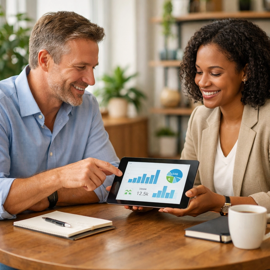 An accountant and business owner reviewing financial data and business strategy in a bright office.