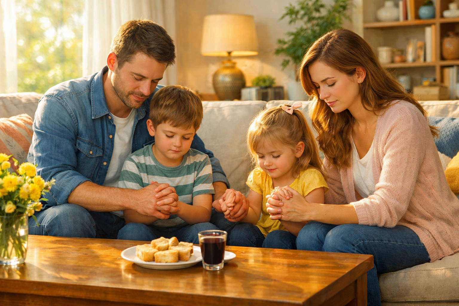 Family praying over bread and juice at home, sharing communion together in a living room