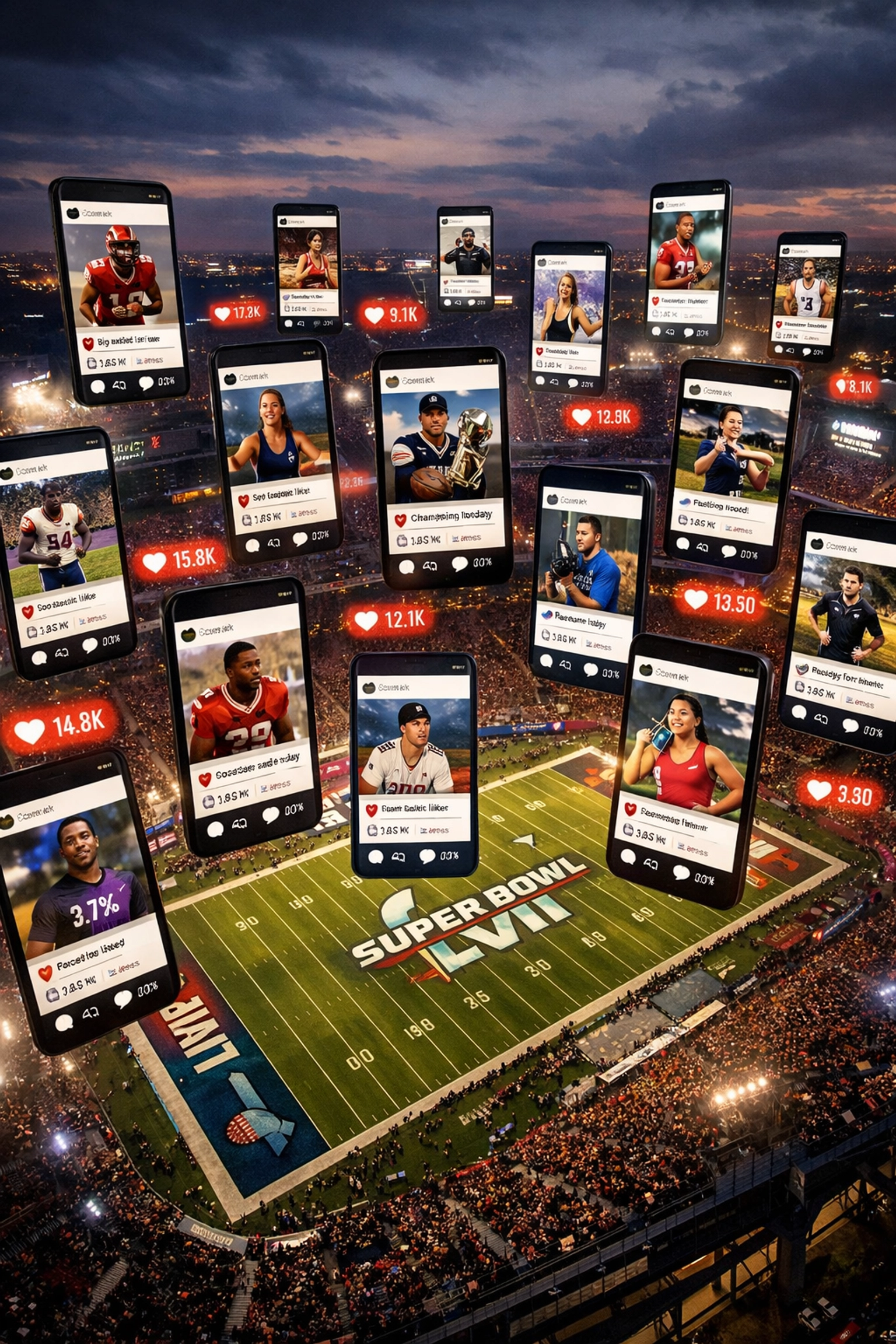 Super Bowl stadium with social media posts from student-athletes showing digital reach and engagement