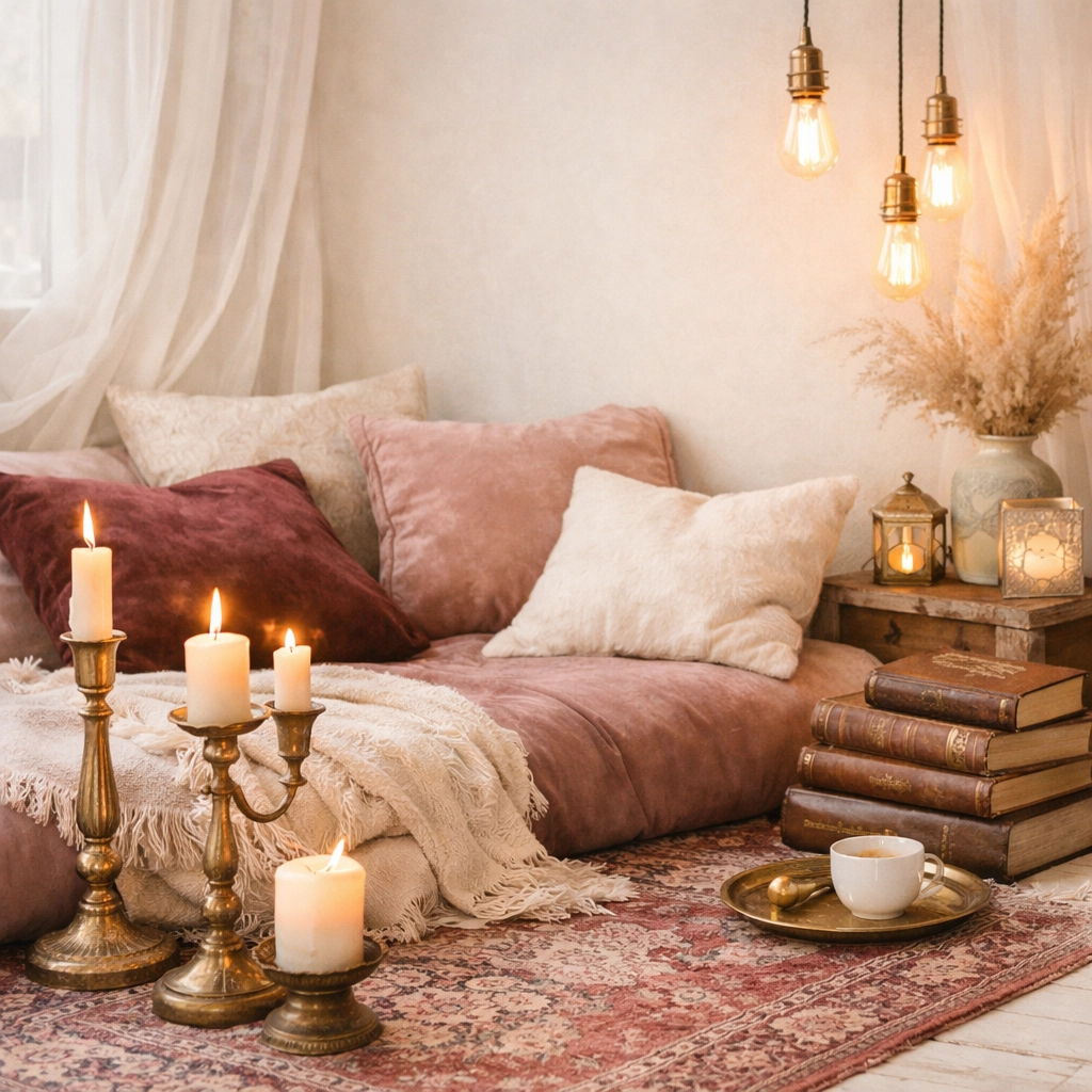 Cozy reading nook styled with plum and burgundy velvet cushions and aged brass accents