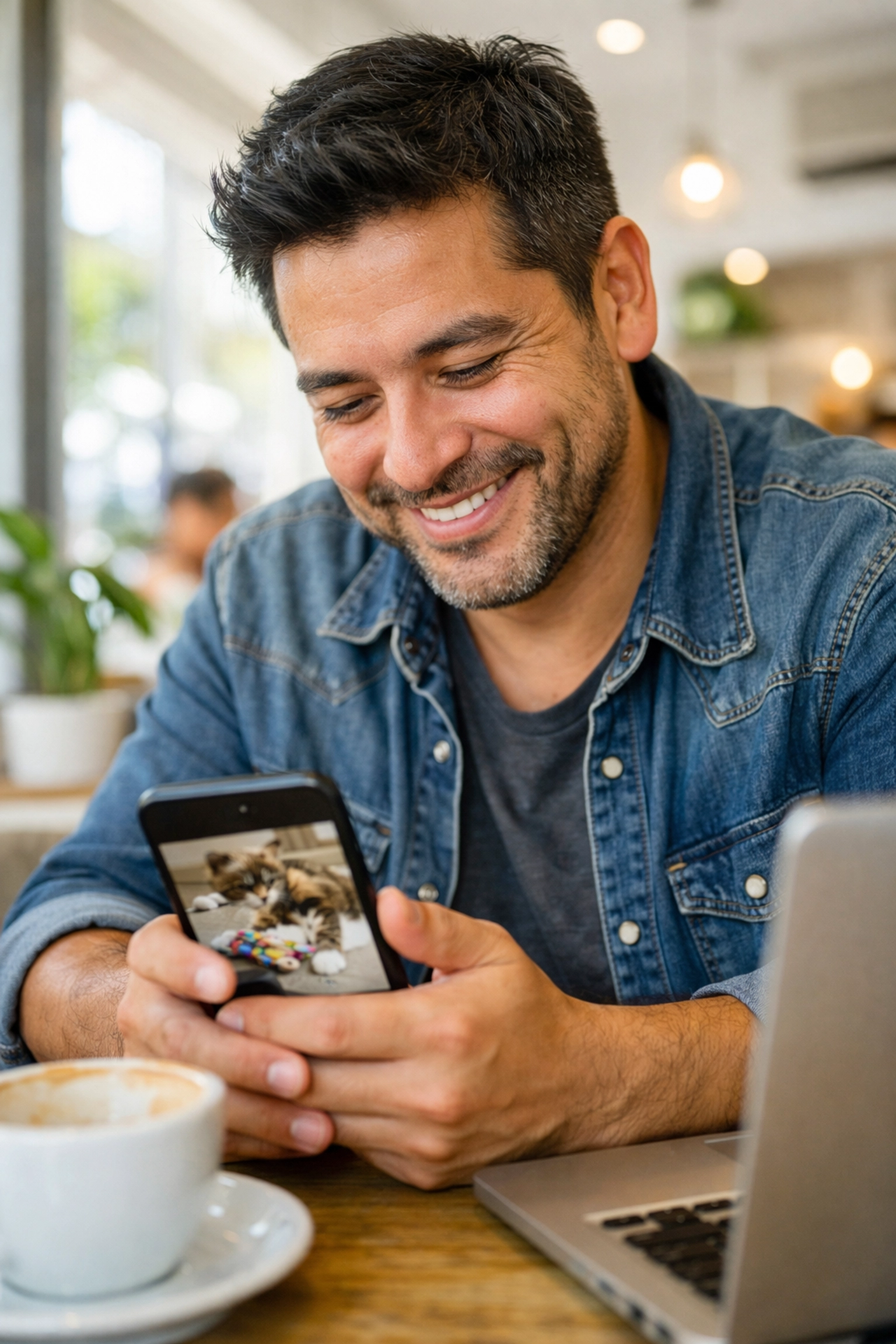 Relieved cat owner receiving a daily photo update from his professional cat sitter while traveling.