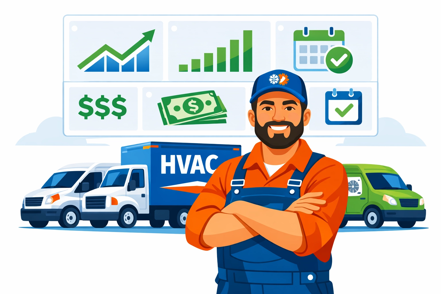 HVAC business owner with service trucks and digital financial dashboard overlay