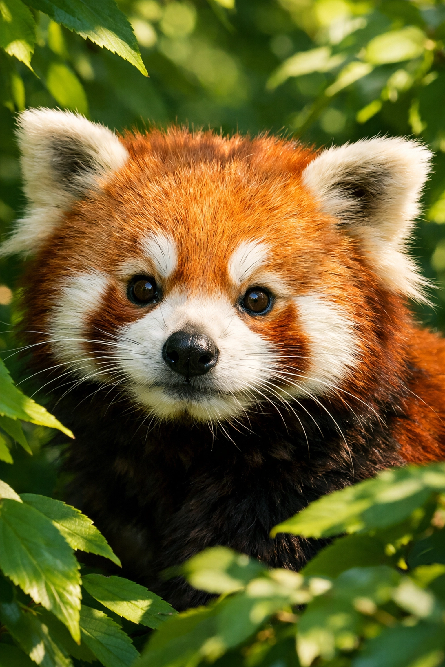 Detailed telephoto shot of a red panda in a tree illustrating proper zoo photography framing.