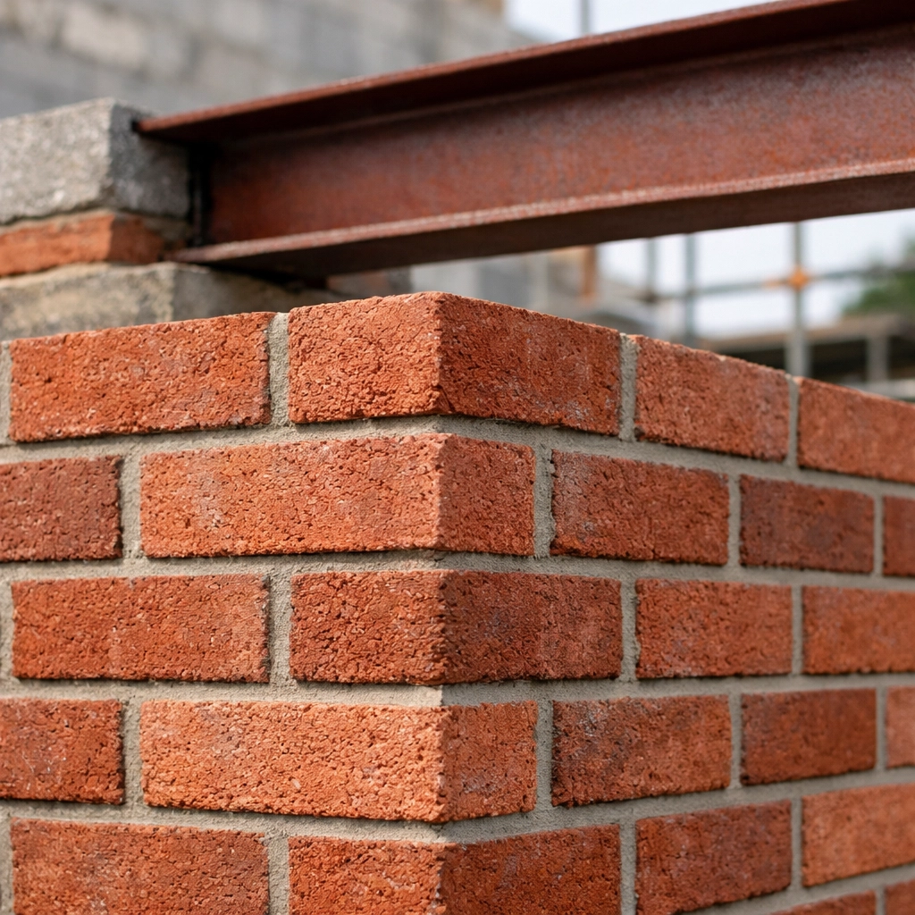 Close-up of expert brickwork and structural steel installation by professional builders in Epping.