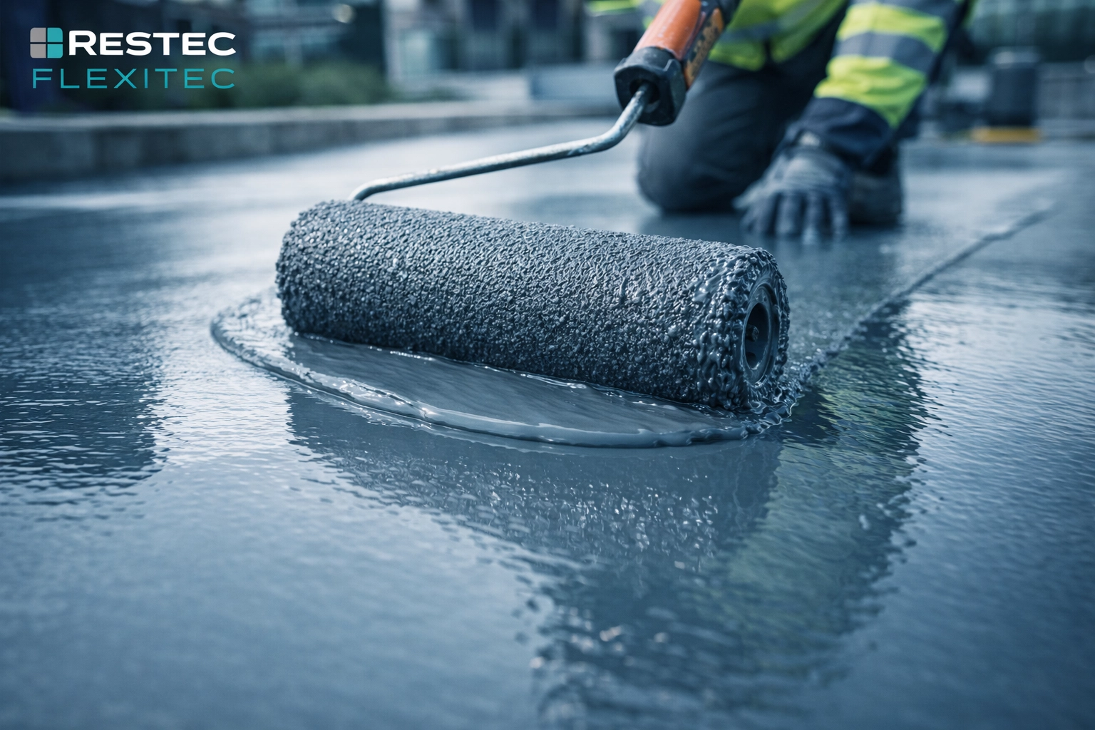 Professional application of Flexitec liquid roofing resin using a heavy-duty roller, producing a seamless premium finish.