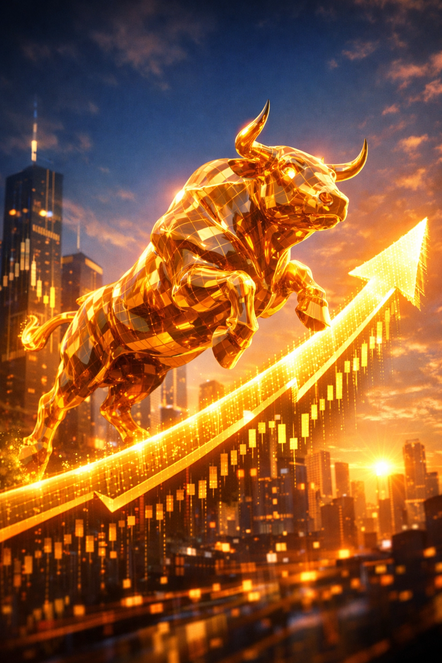 A golden bull charging upward in a futuristic city, representing a rising bull market and stock growth.