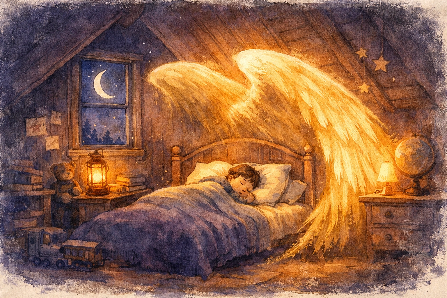 Watercolor illustration of a child sleeping safely under a golden light representing the shadow of the Almighty.