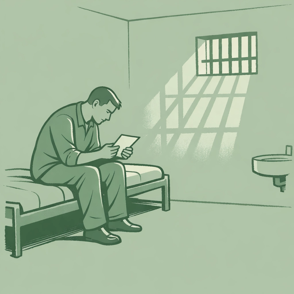 Incarcerated man alone in cell holding letter, symbolizing longing and hope in gay prison romance