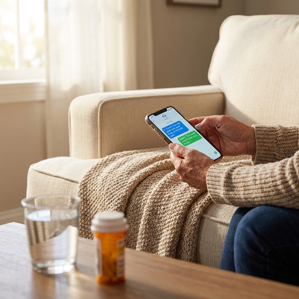 Woman texting a doctor from home for same day UTI antibiotics, illustrating online secure UTI treatment.