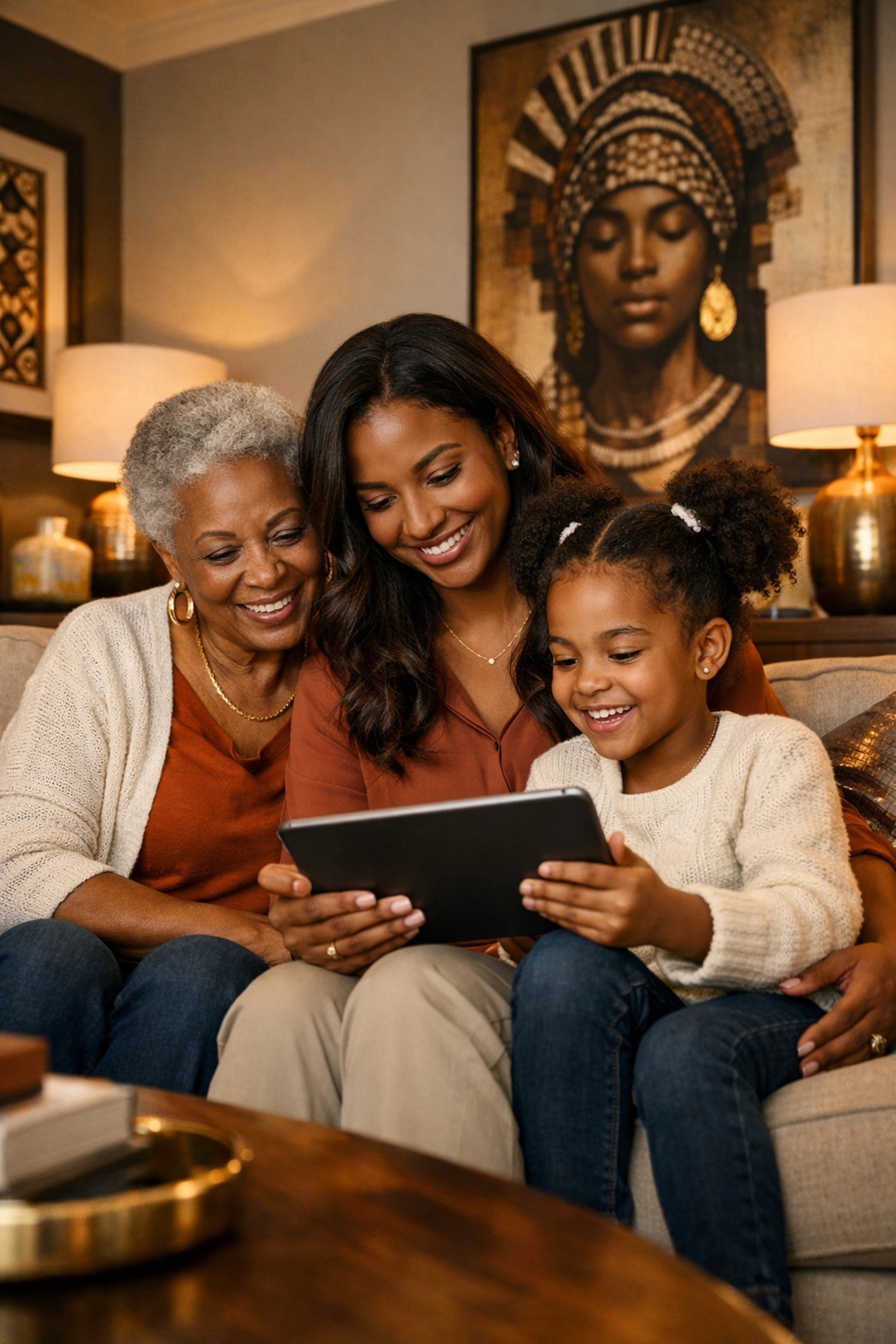 Three generations of Black family learning about wealth building together on tablet