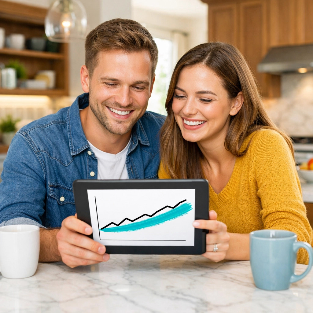 Couple reviewing Peoria AZ real estate price trends and home values on a tablet in a modern kitchen.