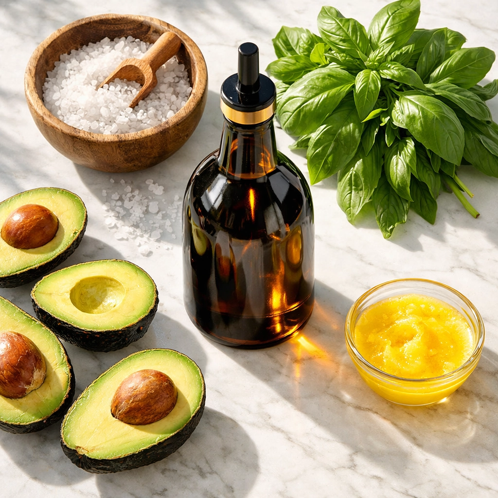 Healthy kitchen staples including a bottle of fruit oil, fresh avocados, basil, and grass-fed ghee on marble.