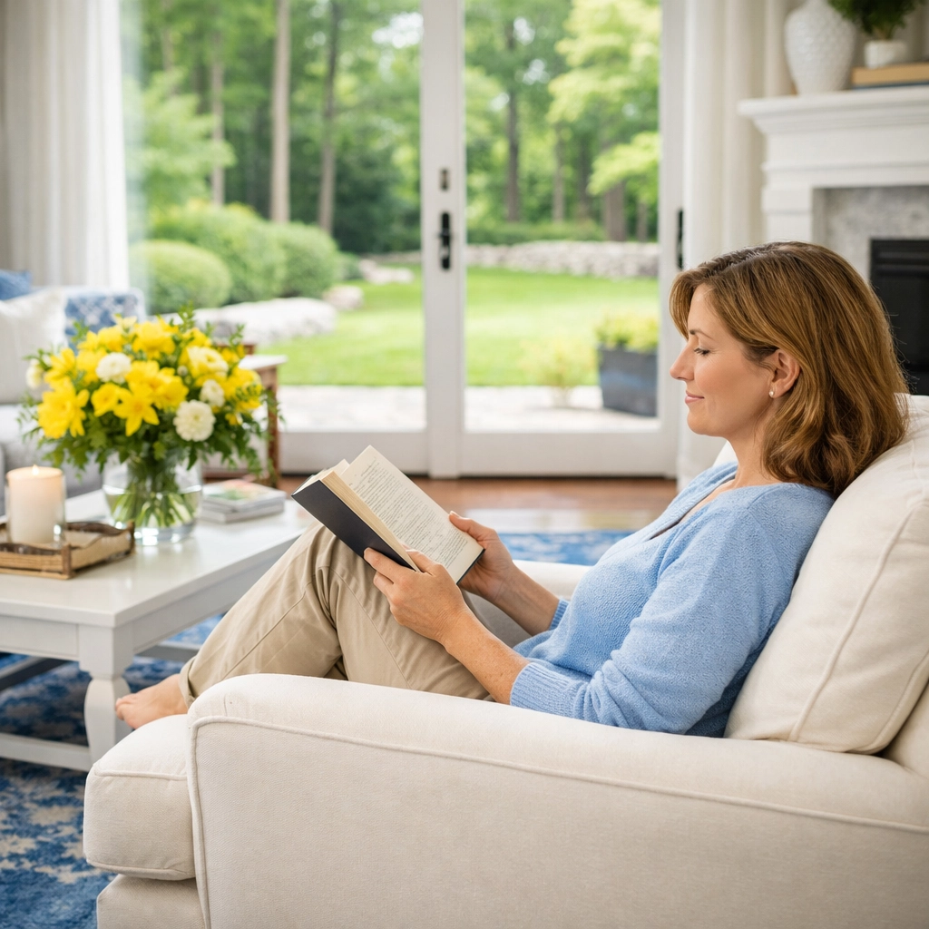 A happy resident enjoying a sanitized, stress-free home after deep cleaning in Lincoln and Bedford.