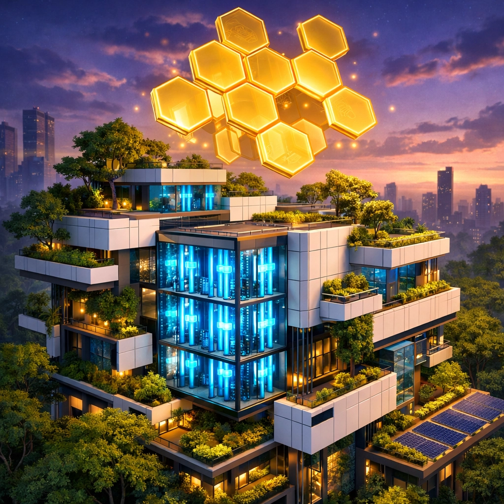 Modern data center building symbolizing fractional real estate ownership and tokenized investment assets.