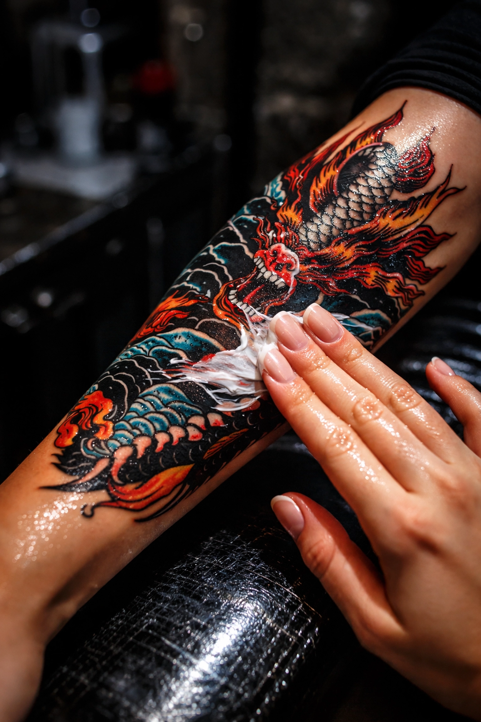 Close-up of a fresh forearm tattoo being moisturized in an Omaha tattoo shop, highlighting proper aftercare.