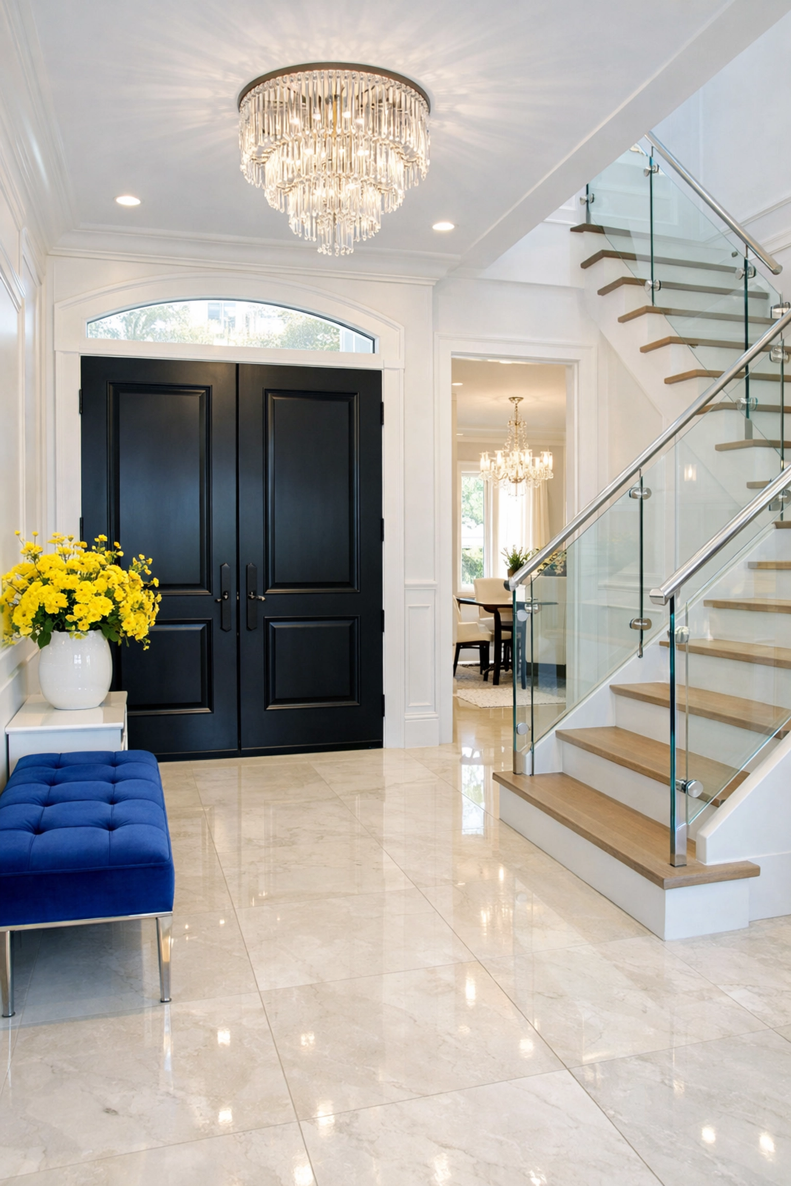 Immaculate entryway of a renovated Newton MA estate after professional post-construction cleaning.