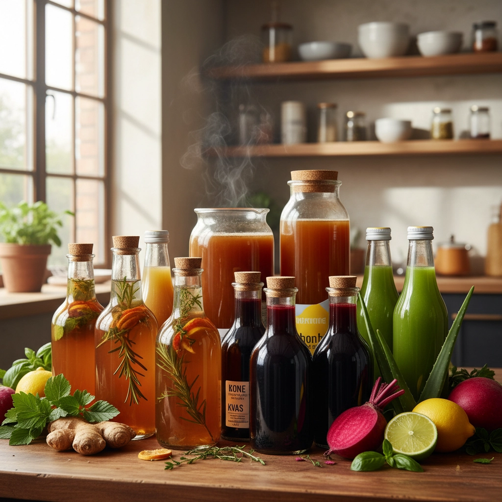 Jars of healthy liquid on a kitchen table