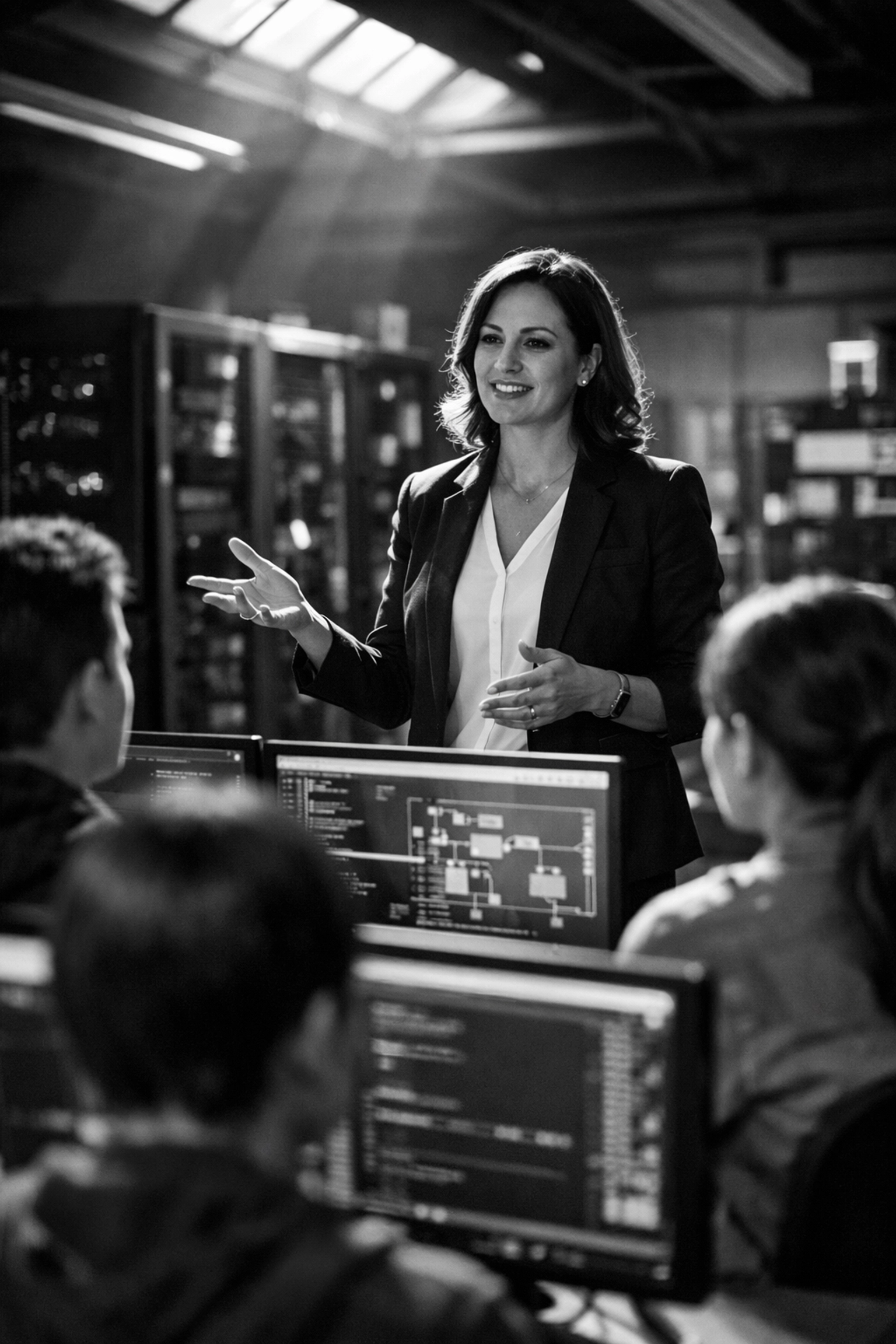 Professional mentor leading high school students in technology training program