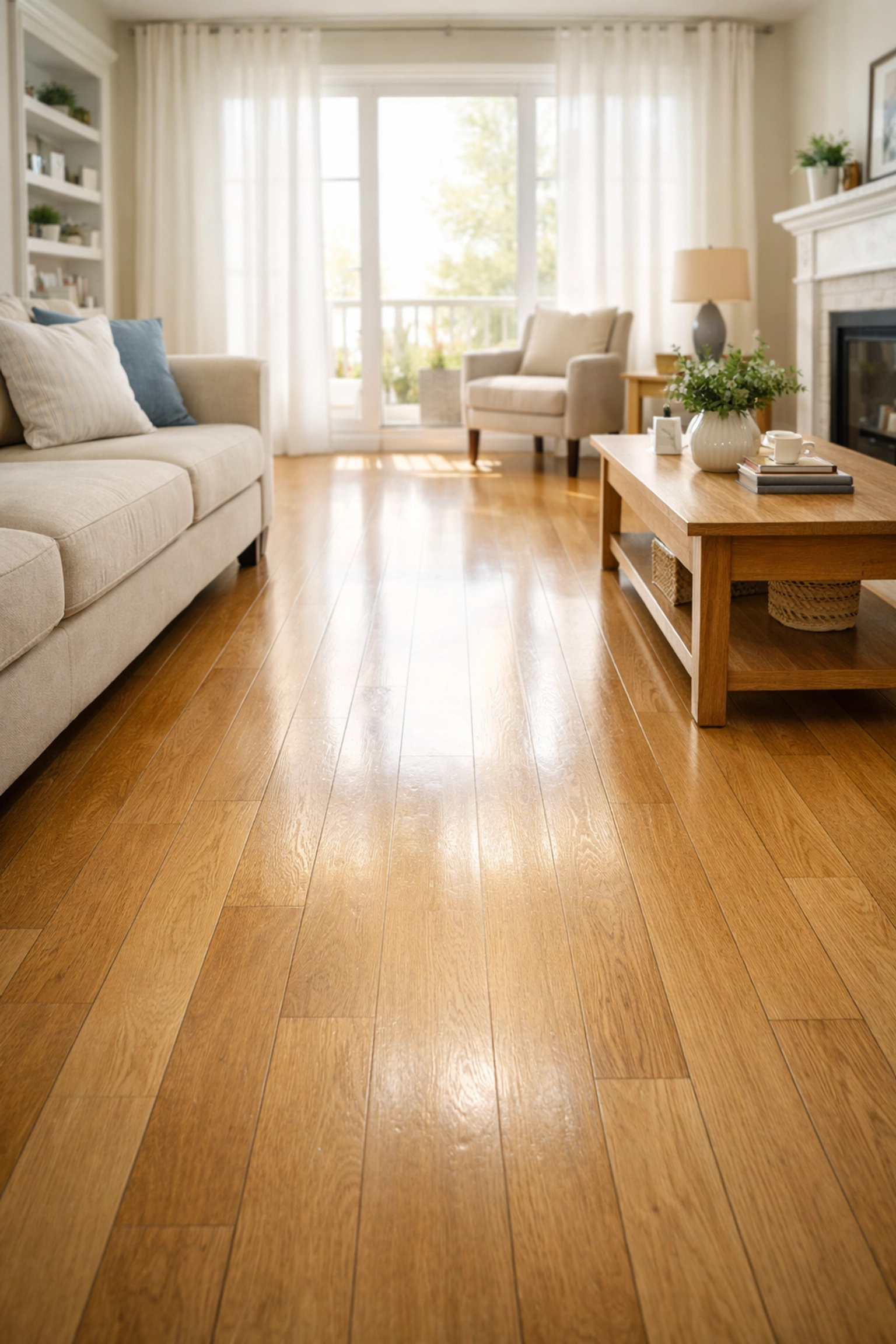 A bright, clear living room walkway without rugs or cords to prevent falls during a home safety audit.