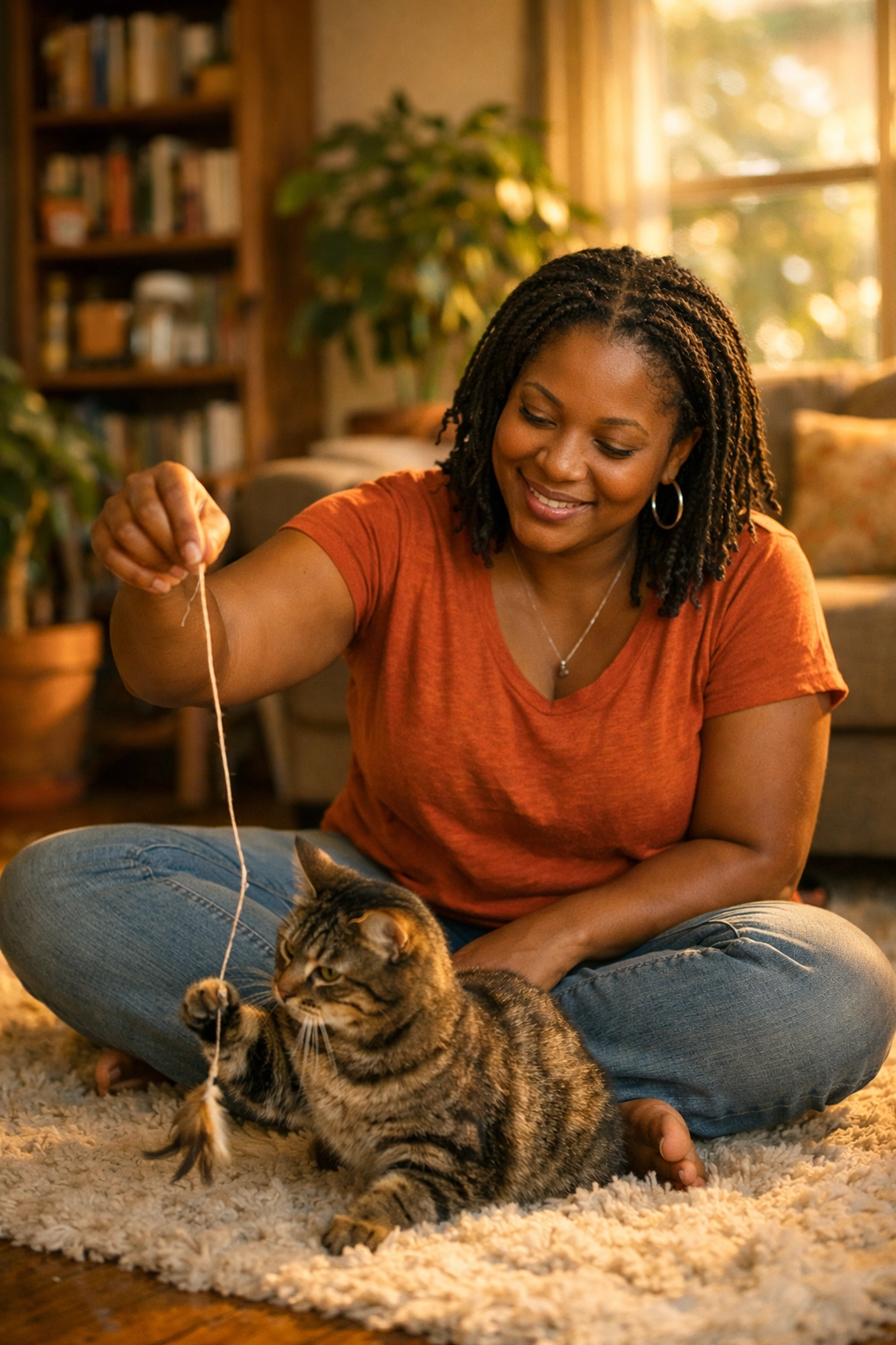 Professional cat sitter in Oakland providing personalized in-home care for a tabby cat.