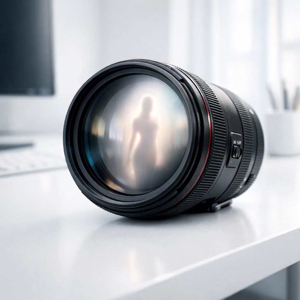 Professional camera lens reflecting an artistic silhouette in a bright photography studio.