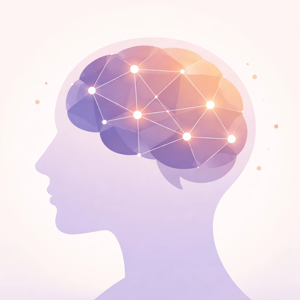 Illustration of a human head silhouette with interconnected shapes representing brain micro-habits and mental clarity.