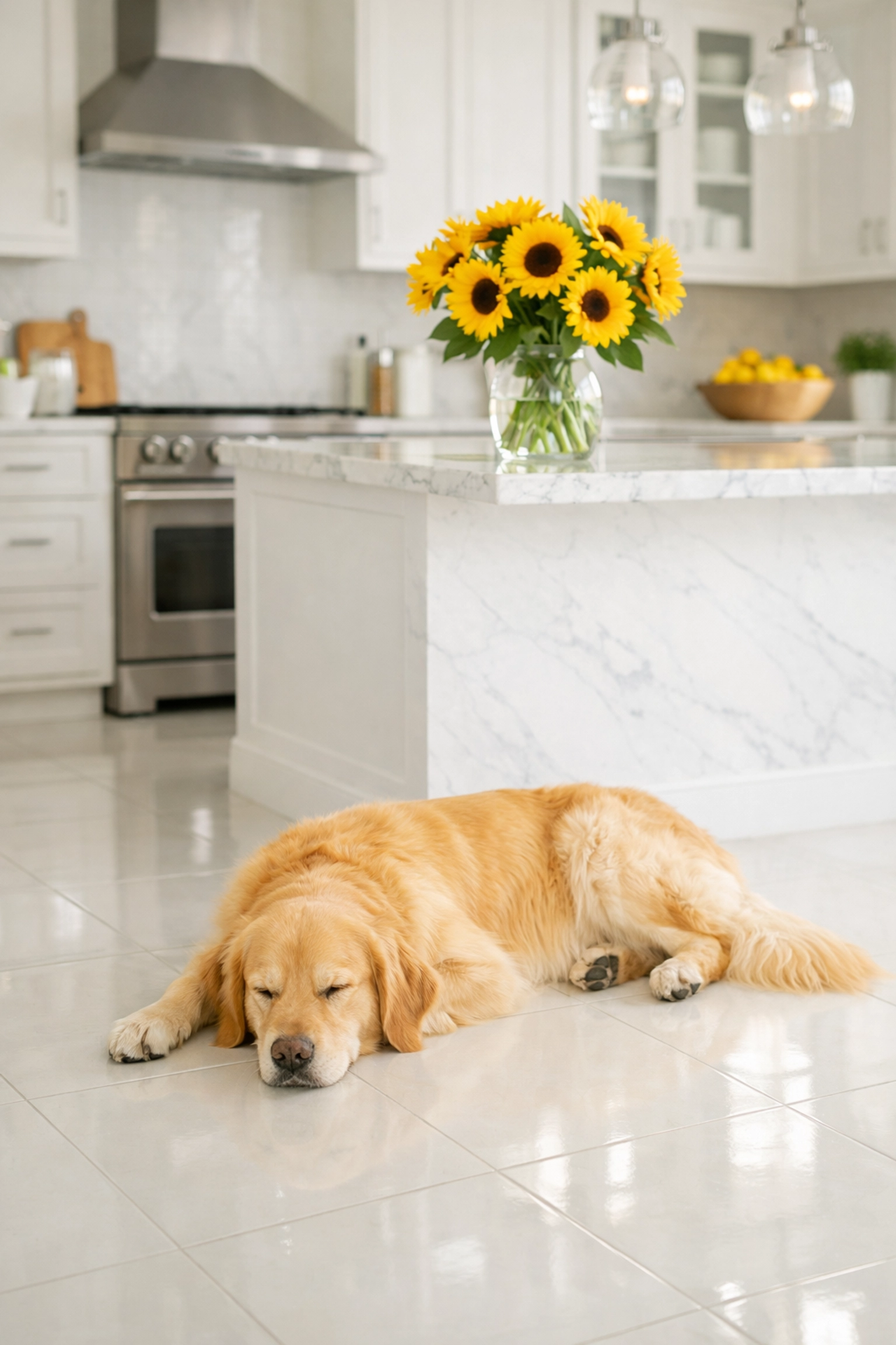 A dog on a clean kitchen floor sanitized with eco-friendly products for a healthy Worcester home.