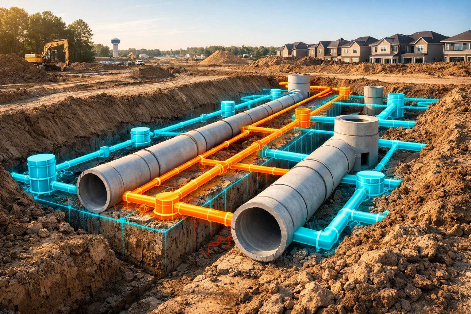 Storm sewer installation on an Ontario construction site with a professional utility servicing overlay.