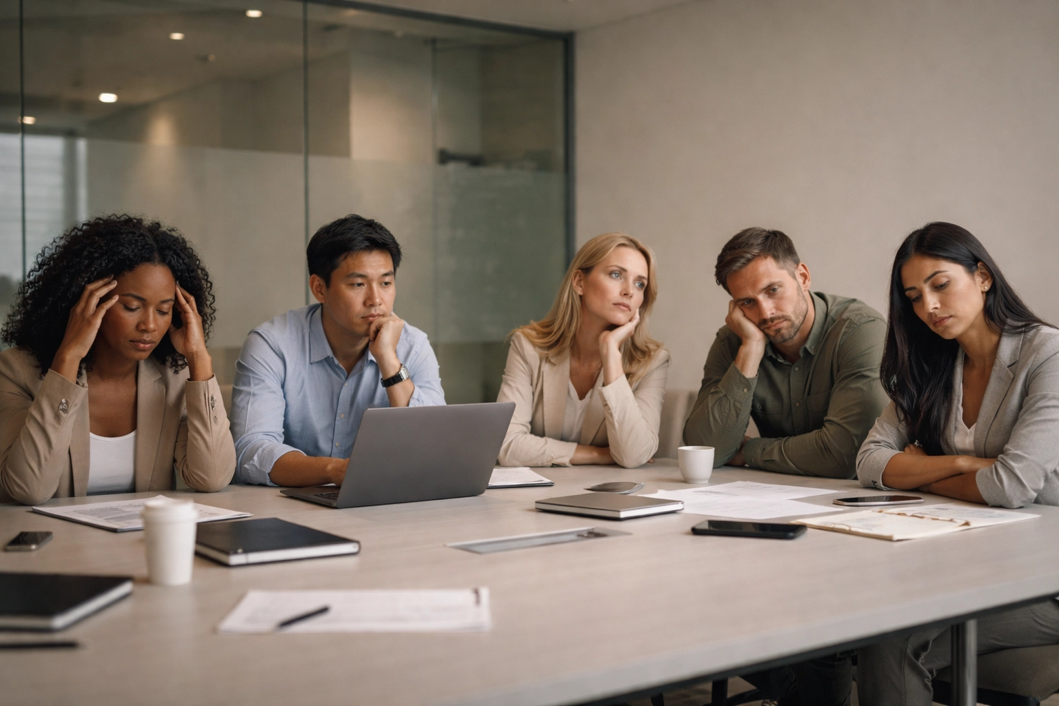 Diverse corporate team appears exhausted and disconnected in a meeting, showing signs of workplace burnout