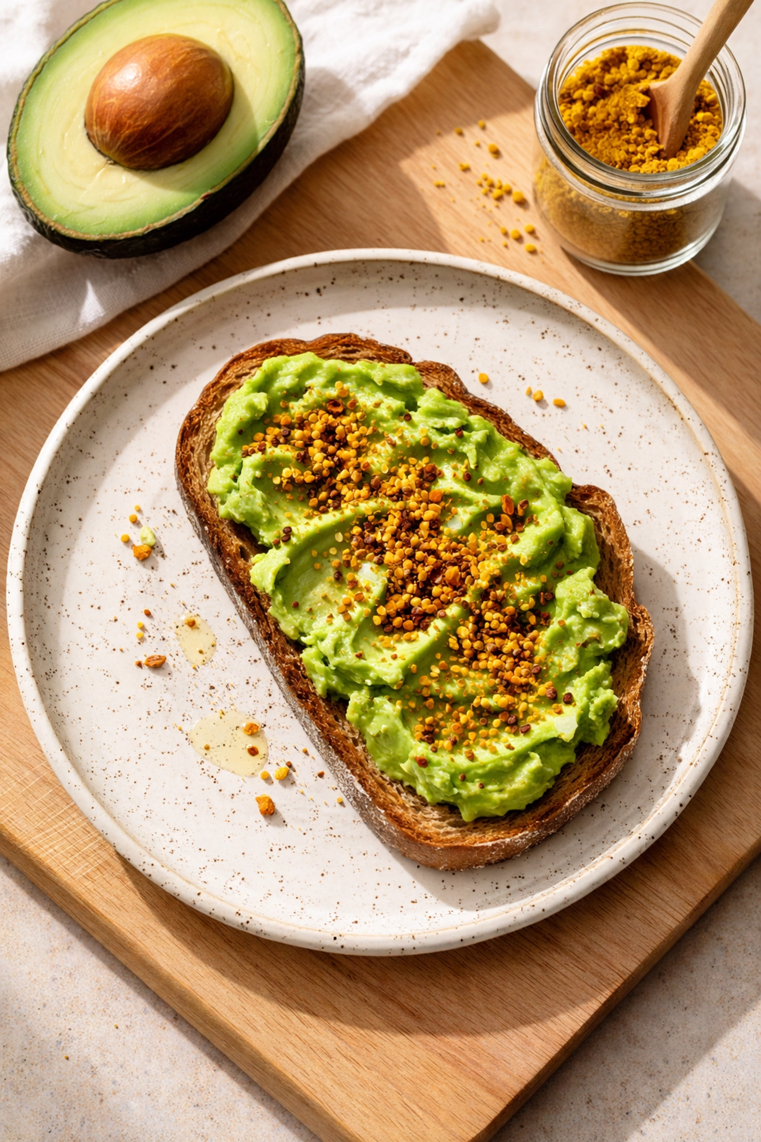 Avocado toast on sourdough sprinkled with pure bee pollen, a simple and nutritious lunch idea