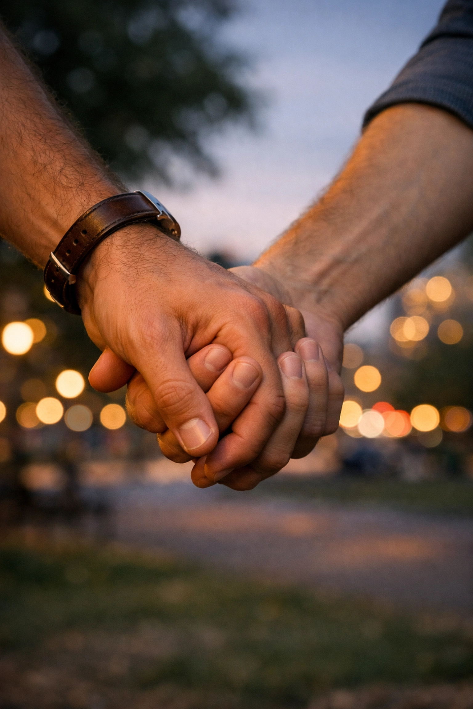 Two men holding hands in a park, symbolizing a powerful shift from friendship to a gay love story.