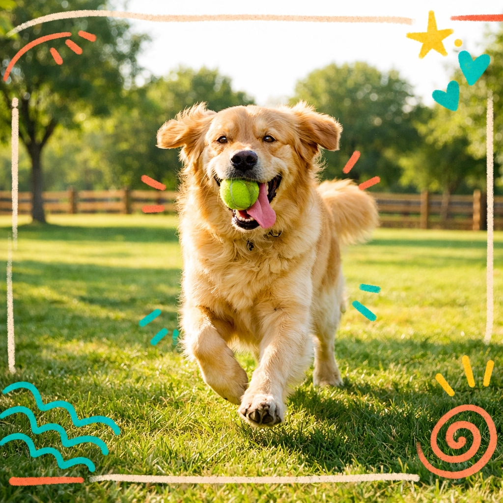 Happy dog running off-leash at Cobb County dog park with tennis ball