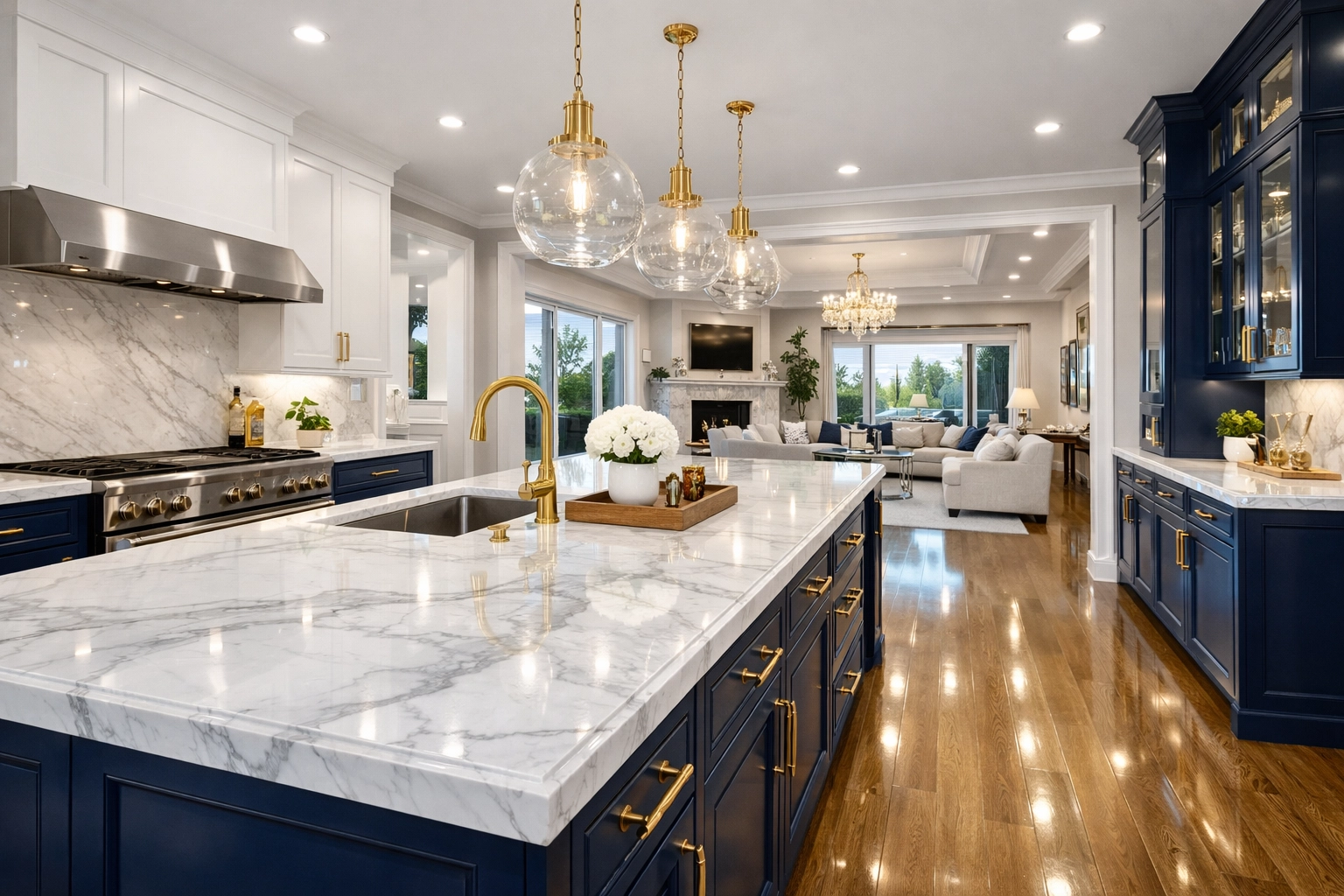Immaculate luxury kitchen with navy cabinets and white marble after a professional deep clean.