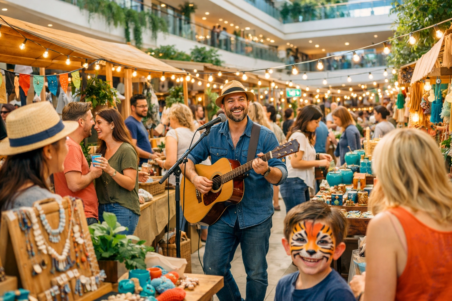 Shoppers browse a local artisan bazaar with live music and community vibes in Las Cruces.