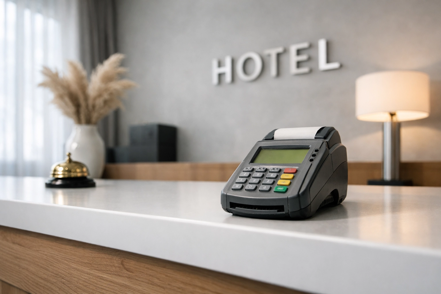 Outdated card payment terminal on modern hotel front desk showing obsolete payment technology