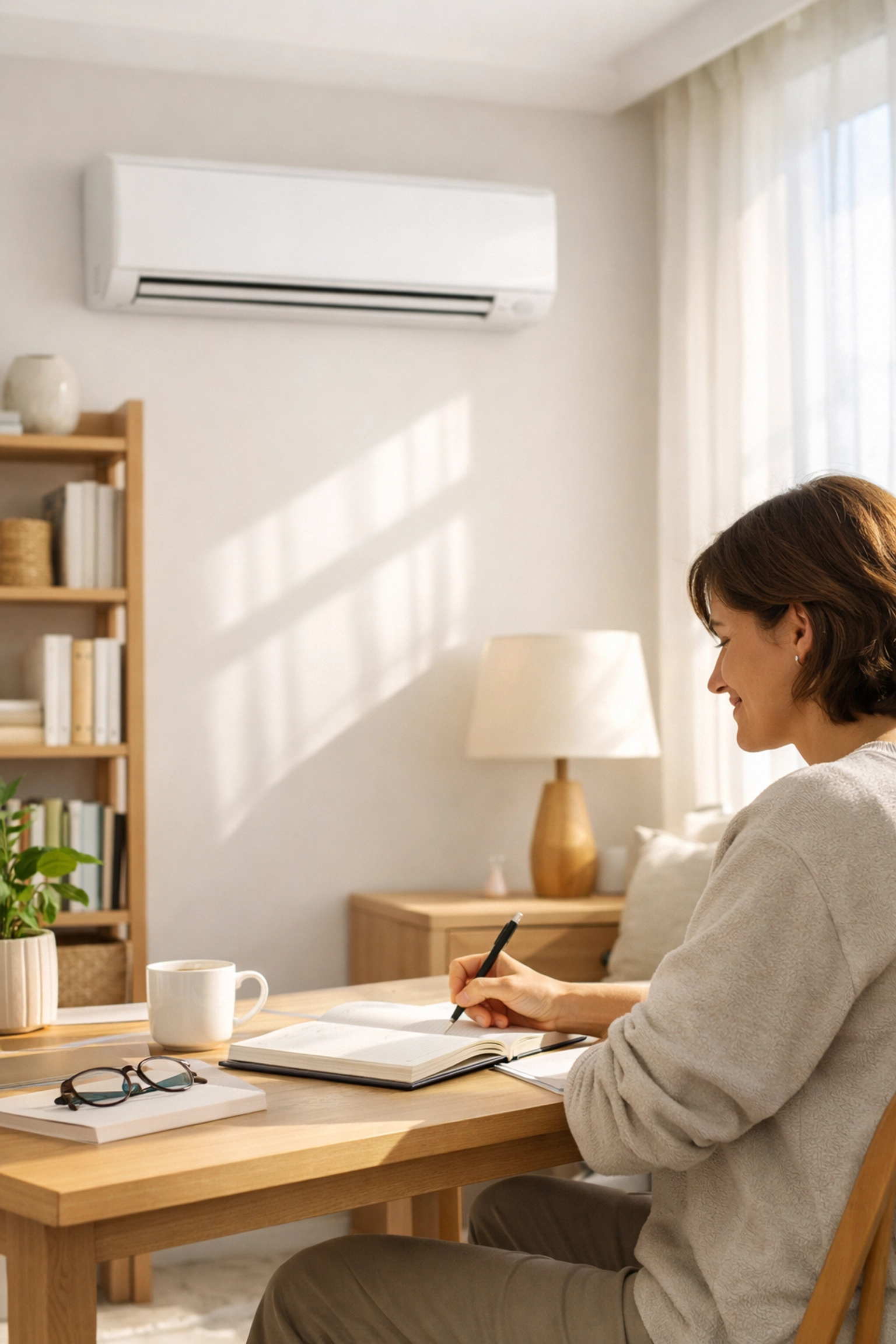Energy efficient home office in Maine featuring a minimalist wall-mounted heat pump for comfort.