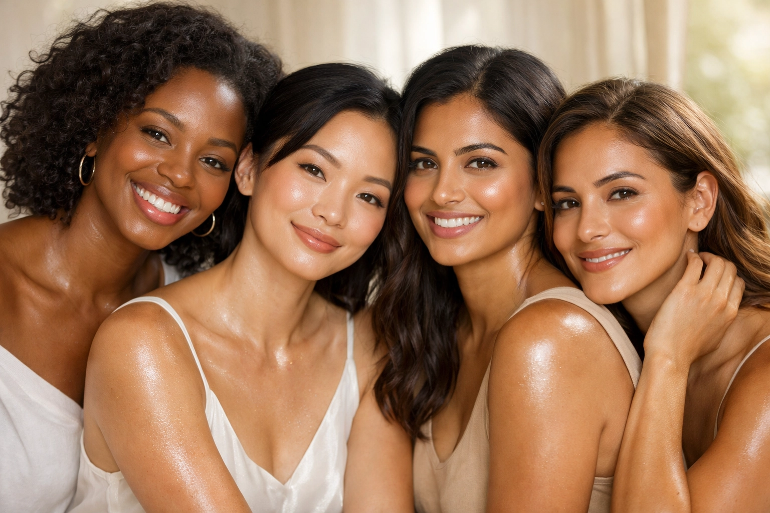 Diverse women in their 30s with melanin-rich skin, including African American, Asian, Indian, and Latina women, glowing after a brightening skincare ritual.
