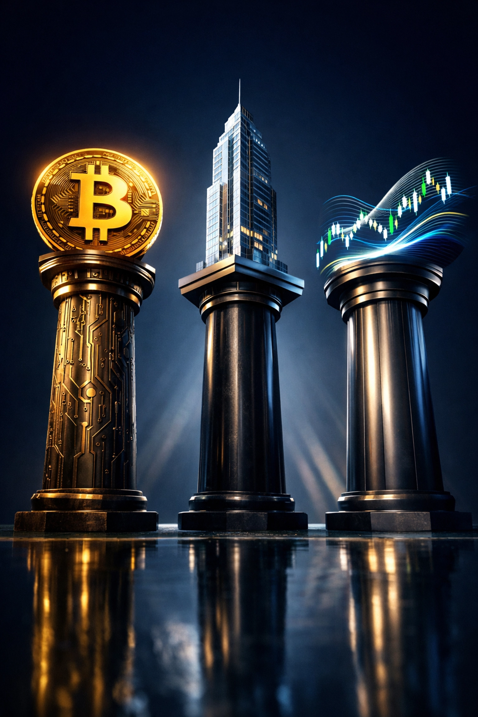 Three pillars representing Bitcoin, real estate, and hedge fund strategies in institutional portfolios
